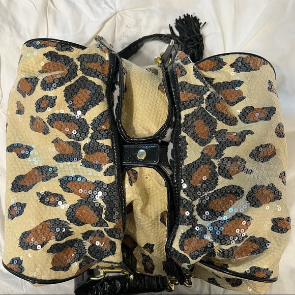 VINTAGE Betsy Johnson Black Brown Leopard Print Sequin Hobo Shoulder Bag Purse - Picture 5 of 12